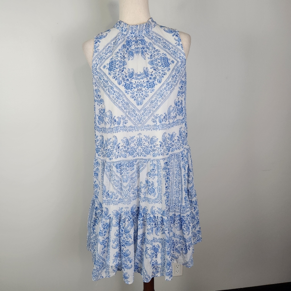 EUC Calvin Klein Blue White Paisley Tiered‎ Mock Neck Shift Dress Size 10 #714